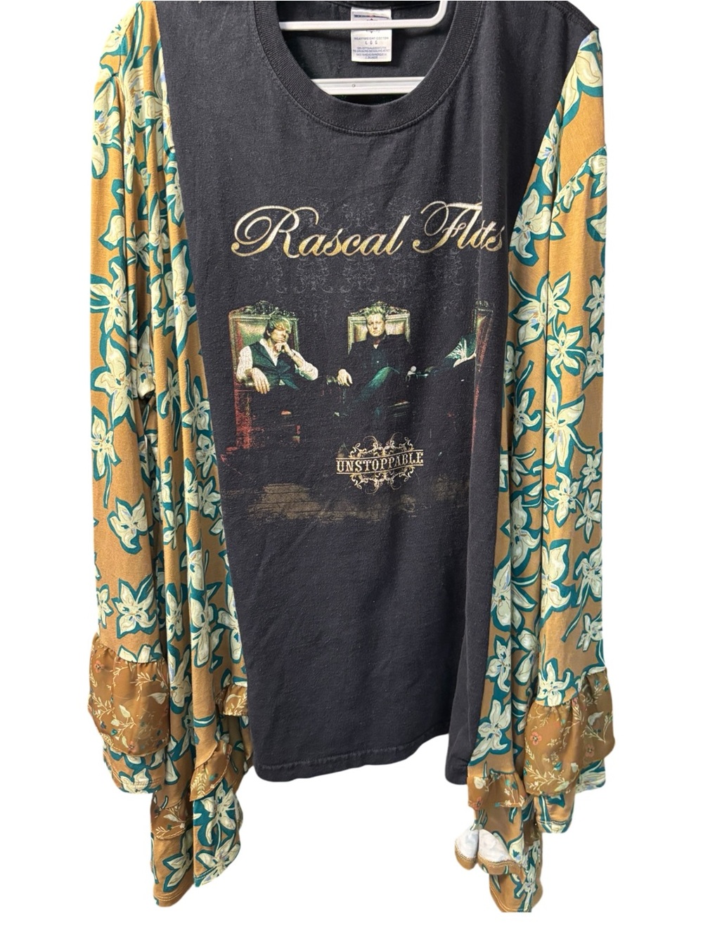 Rascal Flatts Black Graphic Tee Upcycled with Floral Brown Sleeve Detail